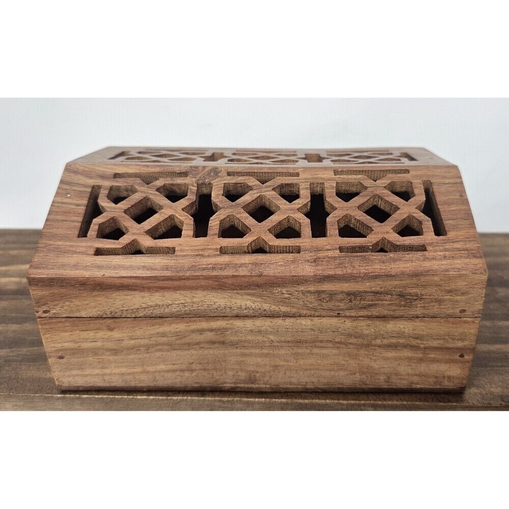 Vintage Hand Carved Trellis Wooden Keepsake Trinket Box Arched Lid Made In India